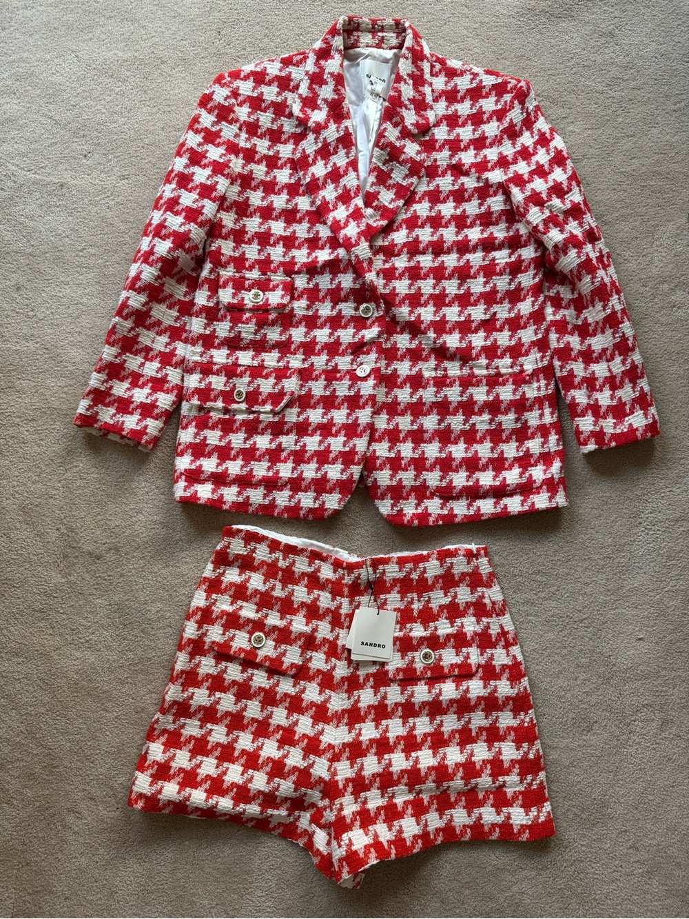 Sandro Red & White Houndstooth Women’s Blazer and Shorts Set